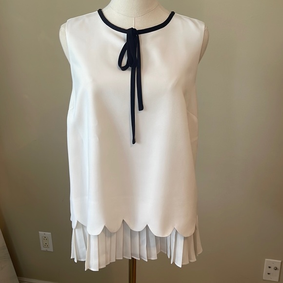 English Factory Tops - English Factory White Blouse Scalloped Hem with Pleated Detail and Black Bow M